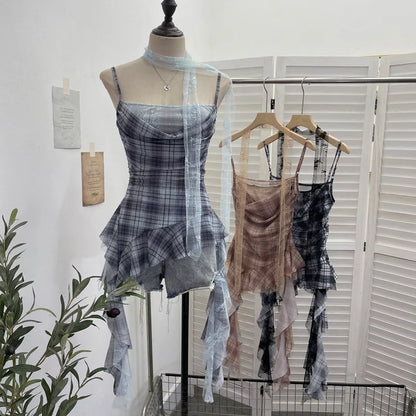 Y2K Plaid Camisole for Women Summer Casual Lace Scarf Breathable Stretch Mesh Patchwork Asymmetrical Ruffle Slim Tops