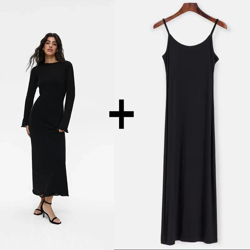 Spring Autumn O-Neck Elastic Knit Long Dresses Women 2024 Elegant Chic Soft Lady Hollowing Sweater Dresses Femme New
