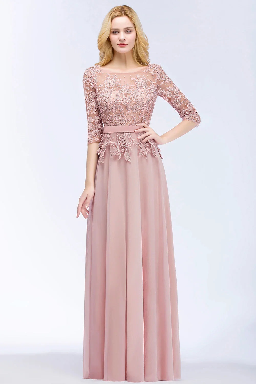 2024 Dusty Rose Evening Dresses Chiffon Appliques 3/4 Sleeves Banquet Formal Party Prom Gowns Maxi Robe De Soiree
