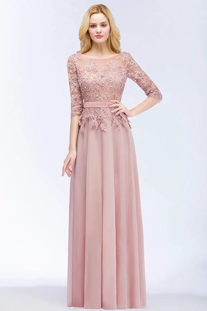 2024 Dusty Rose Evening Dresses Chiffon Appliques 3/4 Sleeves Banquet Formal Party Prom Gowns Maxi Robe De Soiree