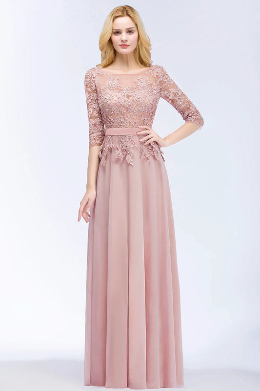 2024 Dusty Rose Evening Dresses Chiffon Appliques 3/4 Sleeves Banquet Formal Party Prom Gowns Maxi Robe De Soiree