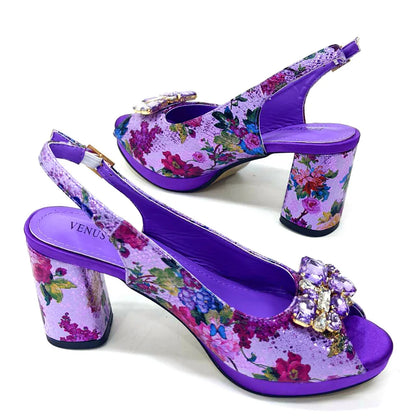 Elegant Women Heels for Peep Toe Good Material Design Rhinestone Yellow Sandals Italian Shoes and Bags Matching Set 2024