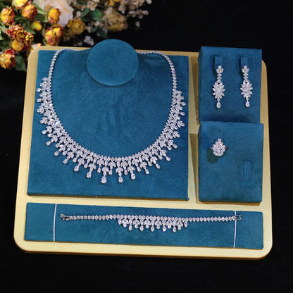 Dubai Jewelry Sets Leaf Design Bridal Necklace Earring Set 5A Cubic Zirconia Femme Ladies Wedding Accessories