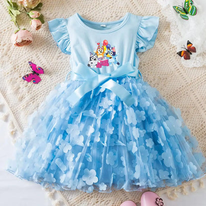 Vestido de Bebê Menina Bluey de Tule com Flores Vestido de Princesa para Casamento Tutu Sem Mangas Roupa de Festa para Fotos Presente de Aniversário