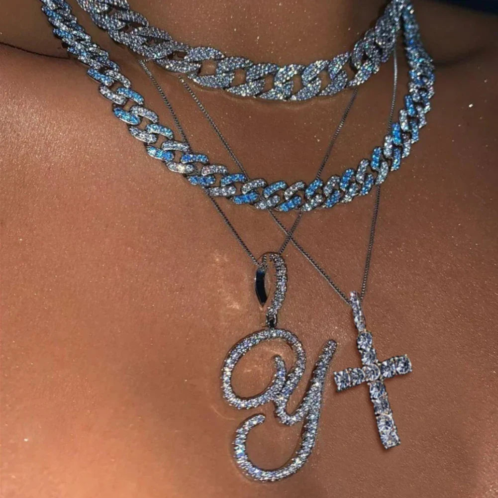Fashion 26 Cursive Initial Letter Zircon Pendant Necklace For Women Shiny Crystal Alphabet Rope Chain Necklace Hip Hop Jewelry