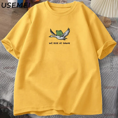 We Ride At Dawn T-Shirt Funny Frog and Goose Tee Casual Cotton Short Sleeve Round Neck Tshirt Streetwear Male Clothing Y2k