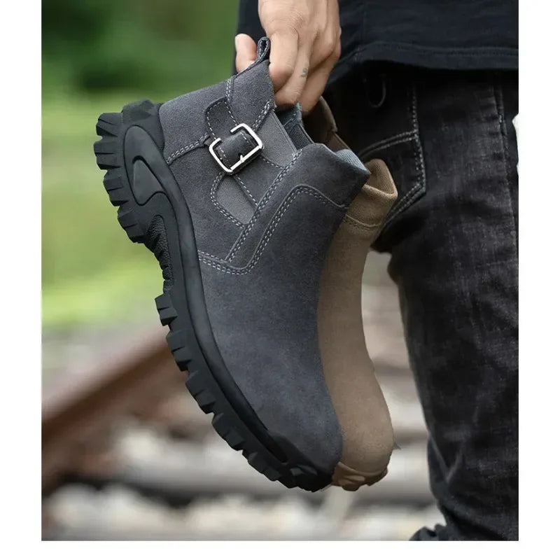 Cowhide and Suede Work Shoes  Outdoor Anti Smashing Safety Desert Boots Chelsea Men's Fashionable Steel Toe Cover Safety Boots
