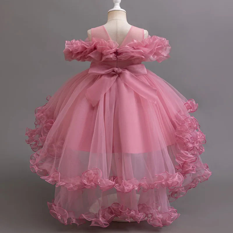 Purple Flower Bridesmaid Princess Dress For Girls Children Costumes Trailing Party Dresses Girls Dress Beaded Wedding Gown