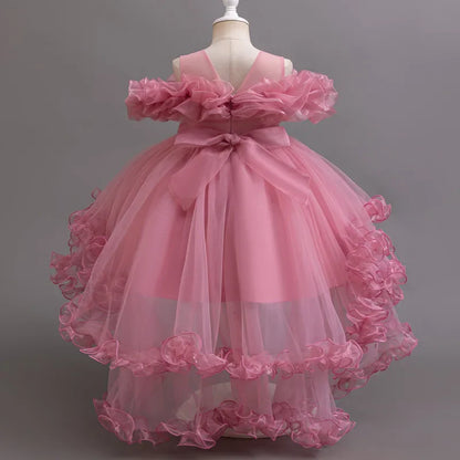 Purple Flower Bridesmaid Princess Dress For Girls Children Costumes Trailing Party Dresses Girls Dress Beaded Wedding Gown