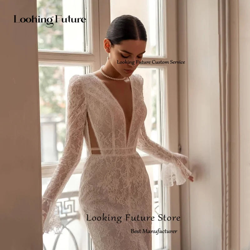 Boho Lace Appliques Mermaid Wedding Dress Simple Long Sleeves Sexy Deep V-Neck Cut-out Bridal Gown High Slit Vestidos Customized