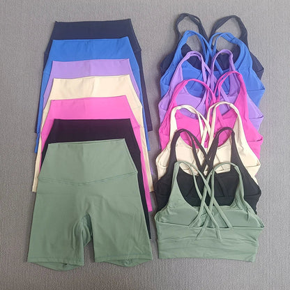 Women's 2-Piece Yoga Set Tights Shorts For Woman Cross Back Bra Top + High Waist Shorts Fitness Running Workout Tracksuit