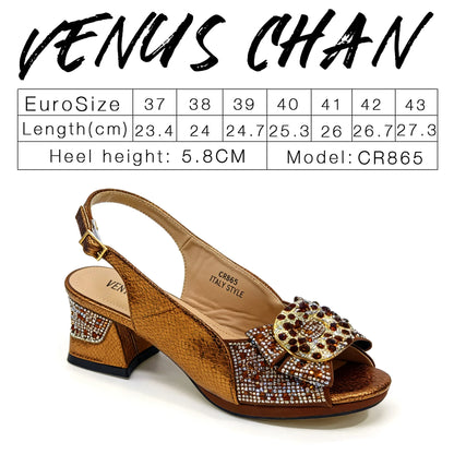 Elegant Women's Rhinestone Peep Toe High Heels Sandals - Italian Design with Matching Bags in Brown Color
