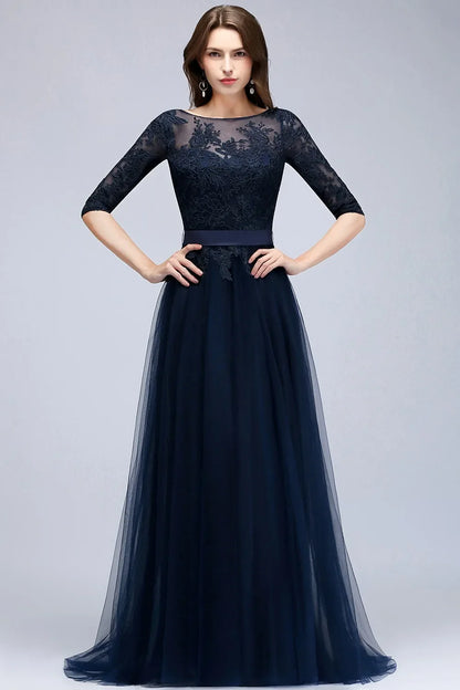 Scoop Neckline Zipper Up Tulle Long Floor-length Dresses Lace Applique Half Sleeve High Split Wedding Evening Party Prom Gowns
