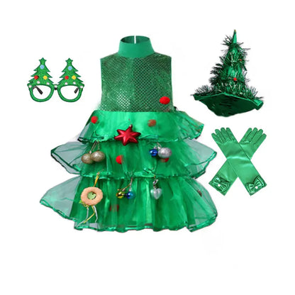 2 4 6 8 10 Yrs Fancy Christmas Tree Dress for Little Girls Xmas Party New Year Frock Kids Santa Claus Lovely Pinetree Ball Gown
