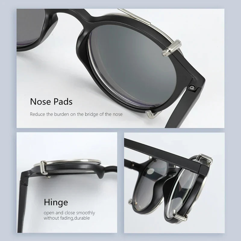 Steampunk Style Glasses (Anti Blue Light Blocking Eyewear) + Clip Lenses（Polarized Sunglasses Clips）for Women Men