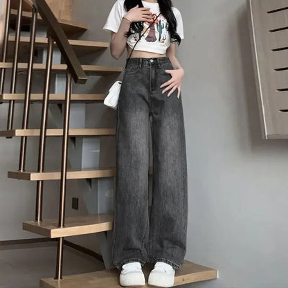 American Style Black Grey Wide-Leg Jeans For Women