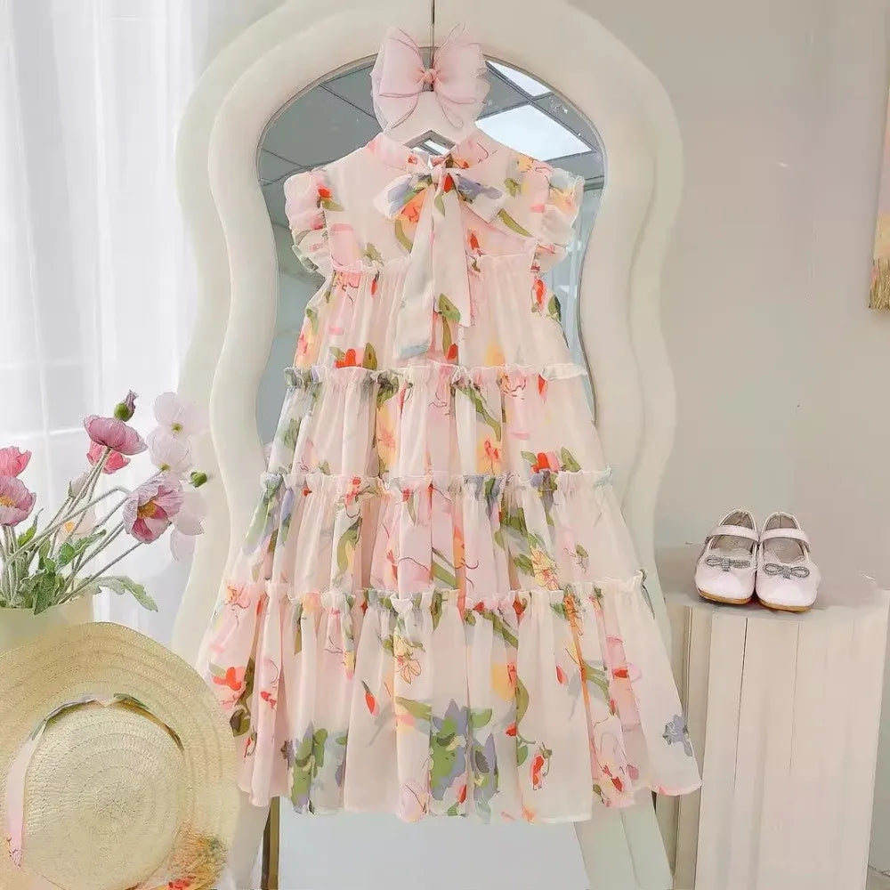Girls Summer Party Sweet Fashion Clothes Sleeveless Print A-Line Layered Casual Dress 1 Pc 4-13 Years Kids Vacation Wear