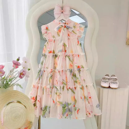 Girls Summer Party Sweet Fashion Clothes Sleeveless Print A-Line Layered Casual Dress 1 Pc 4-13 Years Kids Vacation Wear