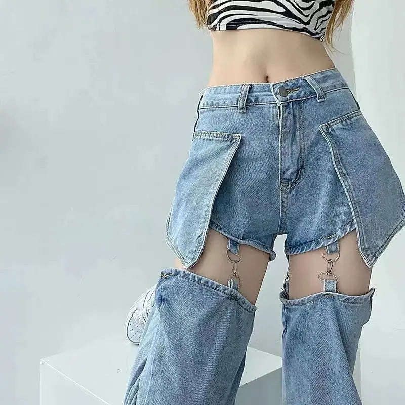 High Street Straight Fake Two Ripped Jeans