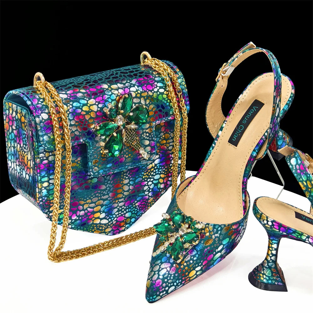 Italian Design Luxury Women's Shoes And Clutch Green Full Diamond Decoration Metal Closure Bag for Party