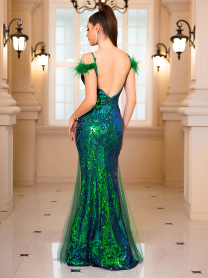Spaghetti Strap Feather Off Shoulder Graduation Party Dress Sequin Backless V Neck Prom Gown Elegant Celebrity Dresses