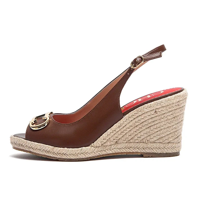 sandals summer women's casual shoes Gold INITIALS INSIGNIA PU LEATHER WEDGES Luxury brand wedge shoeses