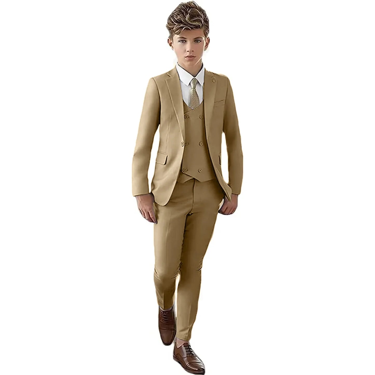 Fast Ship New Year Celebration Beige Tone Boys Suit Set Including Blazer Pants 4PCS Kids Tuxedo Set From 3 to 14 Years Outfit