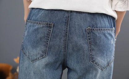 Summer Fashion Ladies Vintage Embroidery Jeans Women Casual Floral Denim Trousers Ripped Harem Pantalons