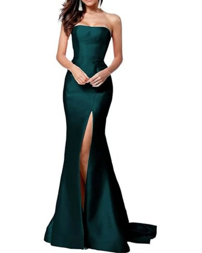 Women's Sleeveless Mermaid High Slit Backless Long Prom Gowns Strapless Floor Length Satin Evening Maxi Dresses