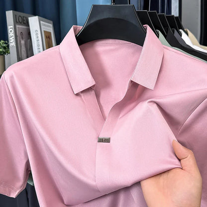 High quality ice silk short sleeve T-shirt men's lapel top trendy brand design cool silky breathable summer casual polo shirt