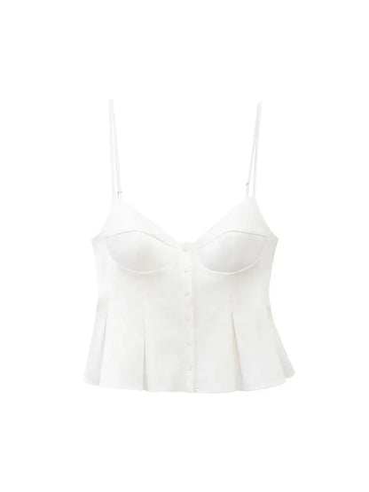 Women's Fashion Pleated Poplin Tank Top V-Neck Adjustable Spaghetti Straps Button-Up Camisole Female Sexy Fashion Clothing