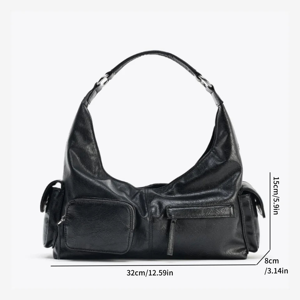 WOMEN'S CRACKLED EFFECT POCKET BAG, New Luxury Designer Punk Style Shoulder Hobo Bag, Multiple pockets Motorcycle Bag for Women