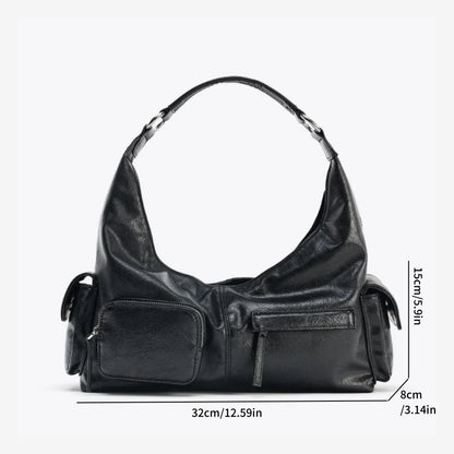 WOMEN'S CRACKLED EFFECT POCKET BAG, New Luxury Designer Punk Style Shoulder Hobo Bag, Multiple pockets Motorcycle Bag for Women