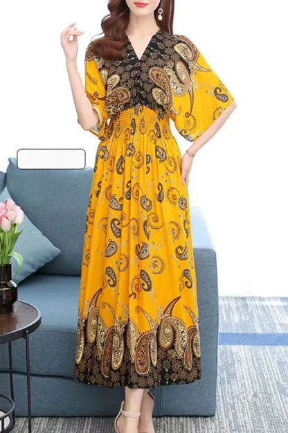 Flower V-neck Elastic Youthful Bohemian Sweet Midi Dress Woman Clothes Chic Fashion Summer Dresses 2025 Large Swing Ski
