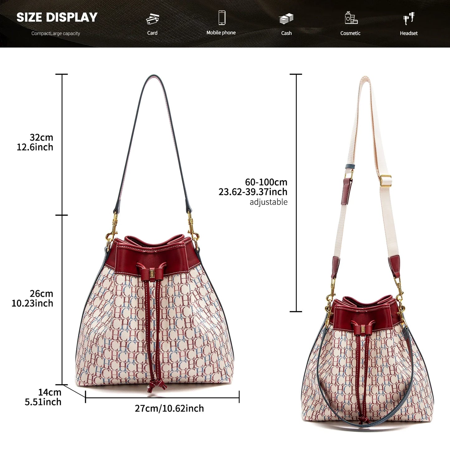 Women's Bucket Bag Spring New Wine Red Drawstring Bag Dual purpose Shoulder Strap Commuter Wallet