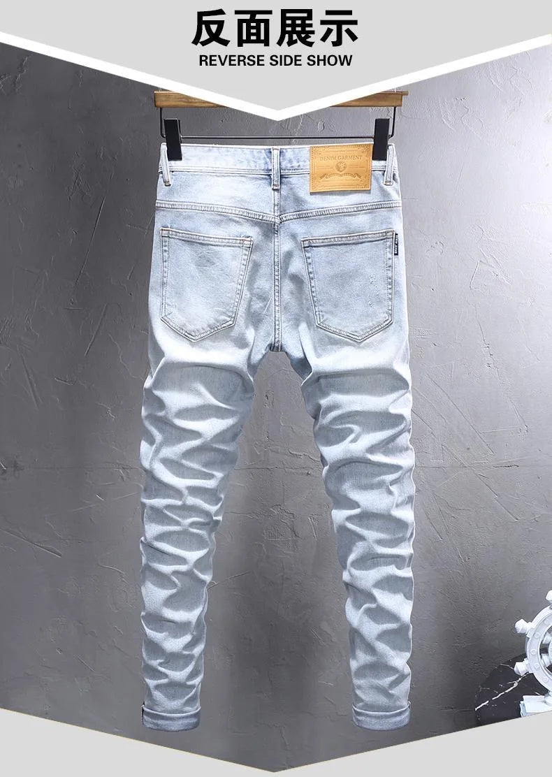 Spring and Autumn New Fashion Trend Solid Color Straight Stretch Denim Pants Men Slim Breathable High Quality Small Foot Pants