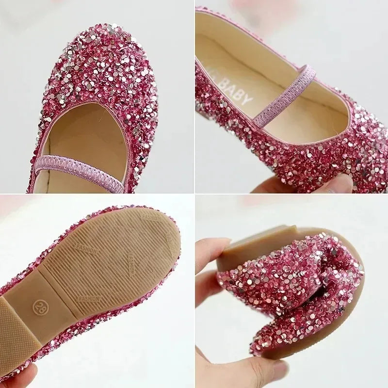 2025 Spring 1 to 12 years old girls dress shoes Beauty Pointed Toe Teen Girl Leather Shoes Bling Princess Wedding Shoes
