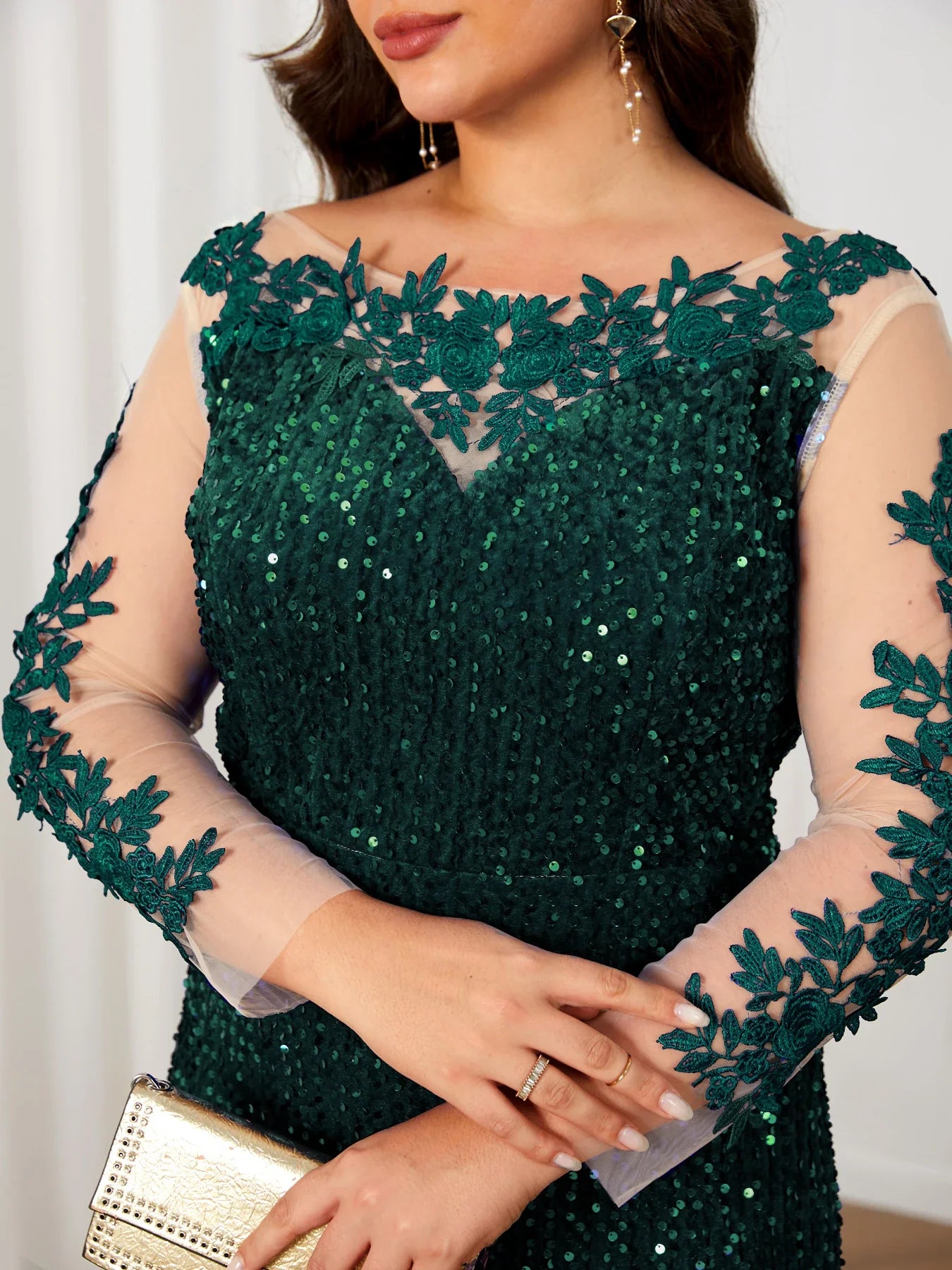 O Neck Curve Long Sequined Velvet Lace Evening Dress Prom Gown Floor Length Backless Maxi Dresses
