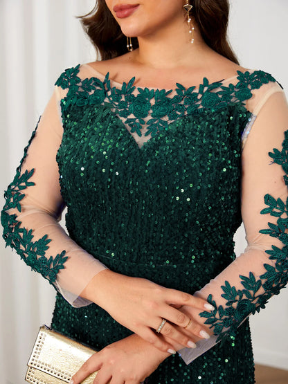 O Neck Curve Long Sequined Velvet Lace Evening Dress Prom Gown Floor Length Backless Maxi Dresses