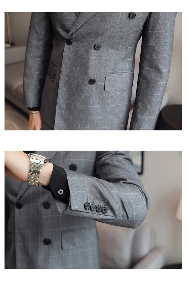 S-5XL ( Blazer + Pants ) Men's High-end Brand Formal Double Breasted Suit Gray 2 Piece Set Wedding Dress Plaid Suit Groom Party