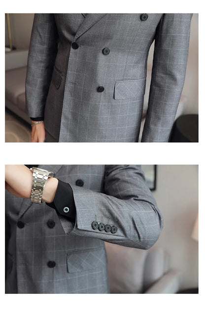 S-5XL ( Blazer + Pants ) Men's High-end Brand Formal Double Breasted Suit Gray 2 Piece Set Wedding Dress Plaid Suit Groom Party