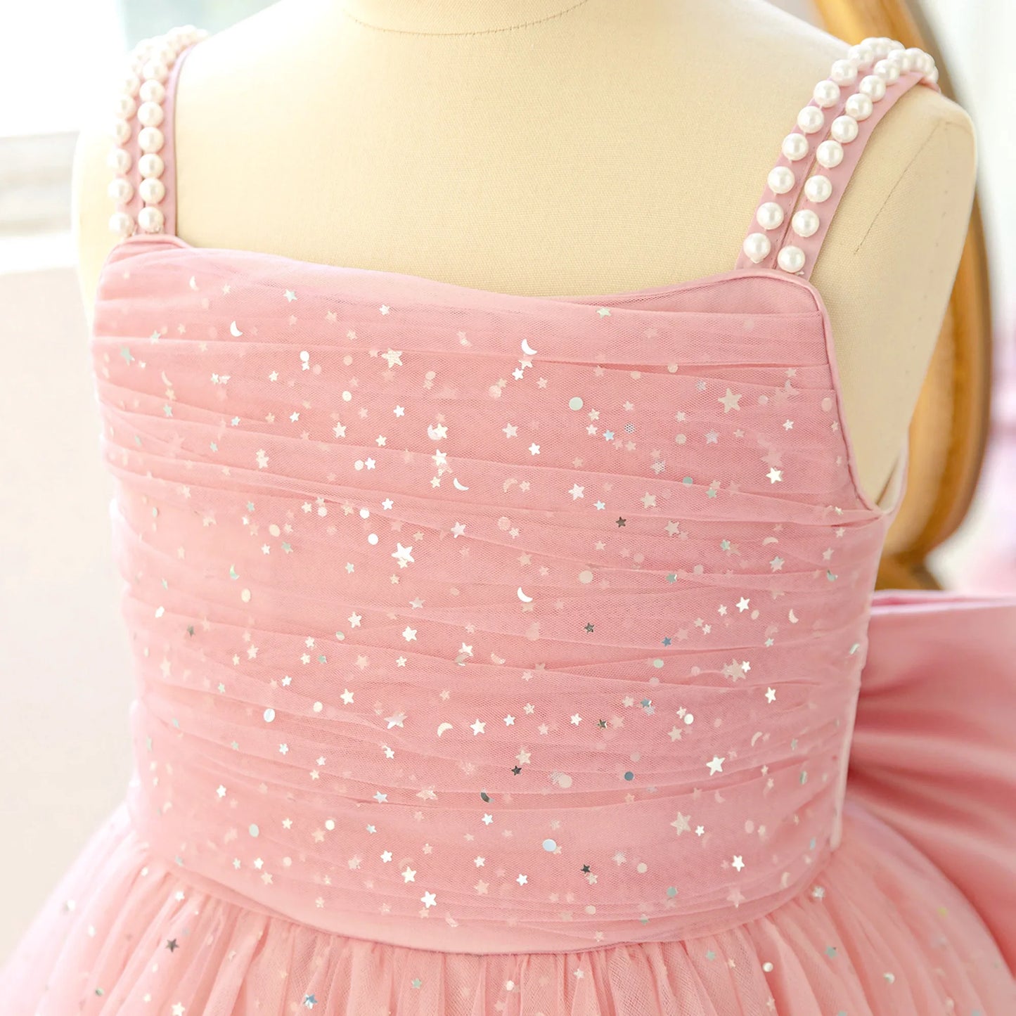 Elegant Sequins Bridemaids Girl Dress Summer Big Bow Tulle Wedding Princess Party Prom Dresses Girls Birthday Evening Ball Gown