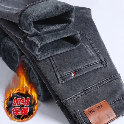 Winter New Fashionable Solid Color With Thick Fleece and Warm Straight Leg Elastic Jeans For Men's Casual Sports High-end Jeans