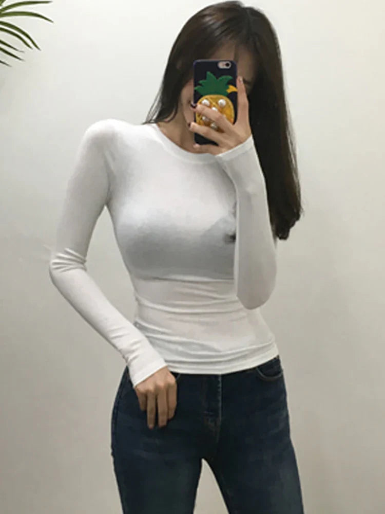 T Shirt Korean Style Slim T-shirts 2026 Sexy Tshirts Cotton Long Sleeve Summer Tops Tee Shirt Femme Khaki Blue White Black