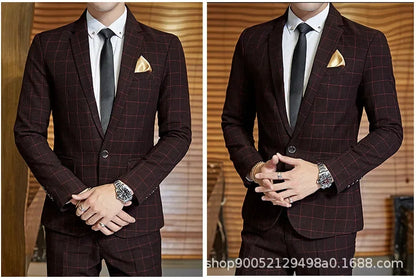 Men's Slim Fit Plaid Wedding Suit Jacket Korean Style Business Casual Single-breasted Suit with Set Wedding Groomsmen Wear