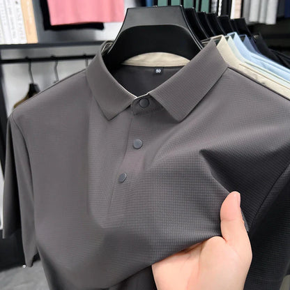Summer Short Sleeve T-Shirt - Premium Jacquard Spandex, 7A Antibacterial, Seamless, Contrast Color, Split Hem, Wrinkle-Free Polo
