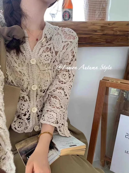 Long Sleeve Crochet Knit Top Beach Bikini Cover Up Button-up Cardigan Blouse Women blusas para mujer Vacation Boho Outfit