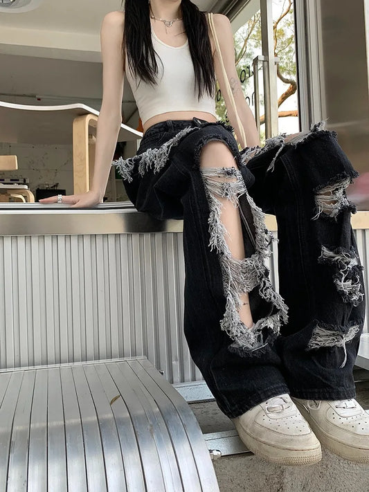 Y2k Washed Mopping Pants Broken Hole Jeans