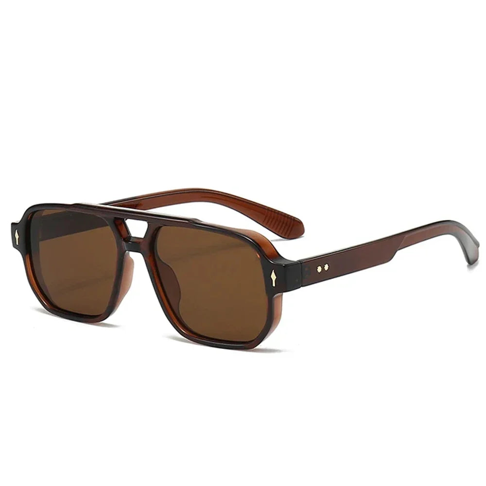 Vintage Double Bridges Men Square Sunglasses Fashion Green Ocean Lens UV400 Eyewear Women Trending Rivets Sun Glasses