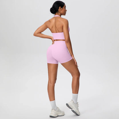 2picese Women Yoga Suit Solid Color High Waist Hip Push Up Fitness Shorts Sexy Pilates Backless Gym Hanging Neck Bra Yoga Set